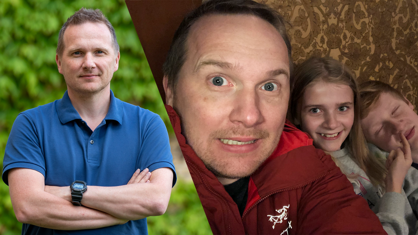 Todelt billede af Christian Kanstrup Holm. I venstre side står han med armene over kors. I højre side sidder han sammen med sine to børn